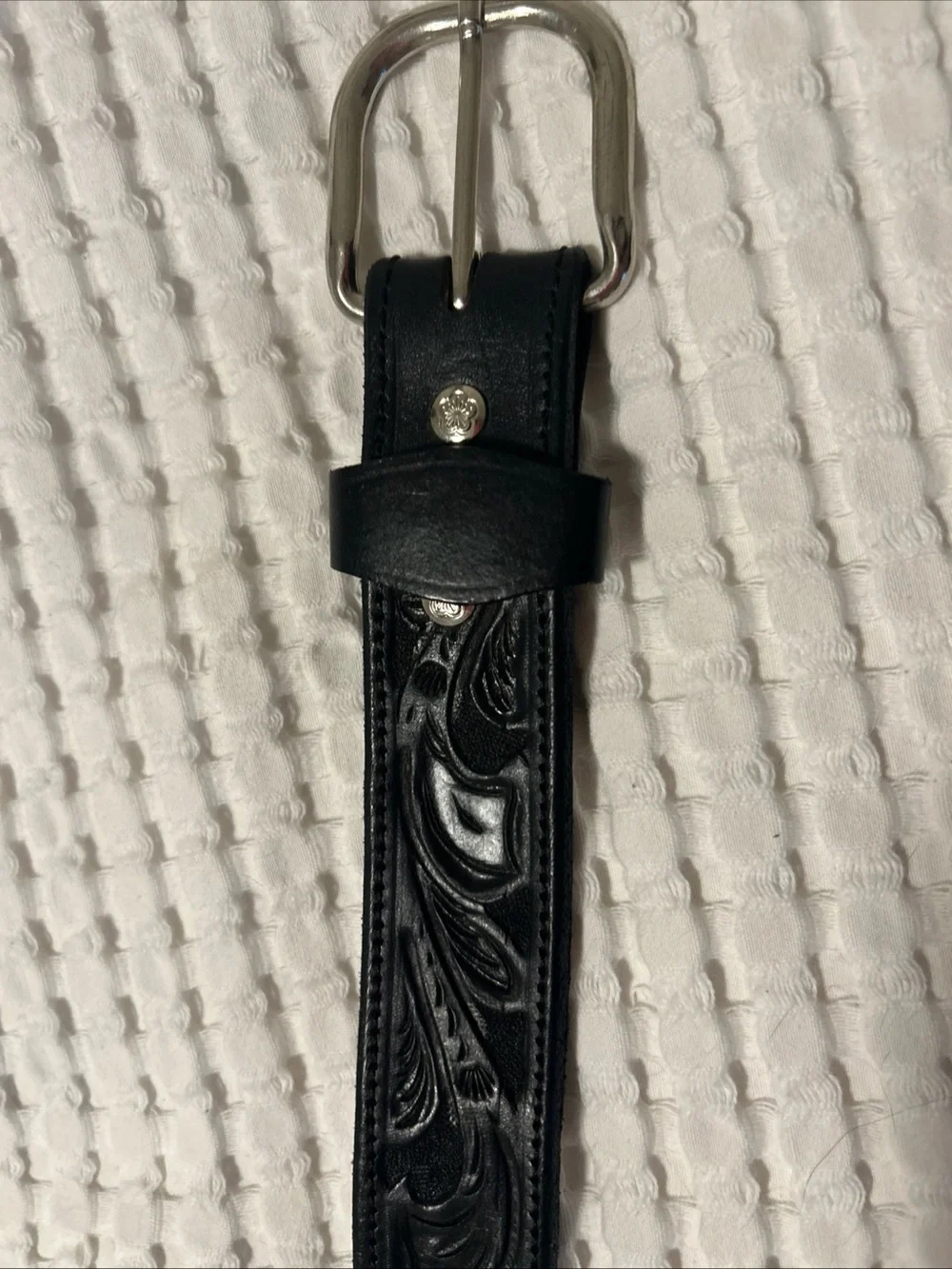 Black Leather Men’s Western Floral Belt Silver Buckle  36-40” Waist Size 38